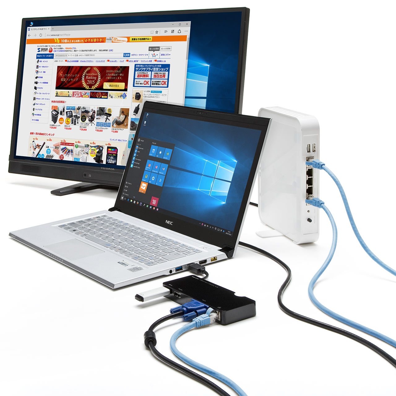 USB3.0 hbLOXe[V oC^Cv QWXGA(2048~1152)Ή 4in1 HDMI VGA LAN USB3.0 e[N [g ݑΖ 400-HUB031
