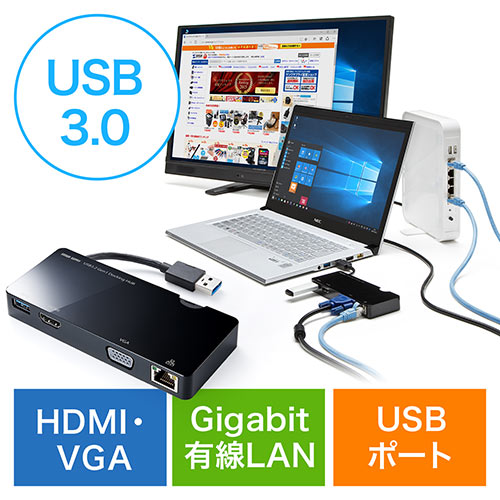 USB3.0 hbLOXe[V oC^Cv QWXGA(2048~1152)Ή 4in1 HDMI VGA LAN USB3.0 e[N [g ݑΖ 400-HUB031